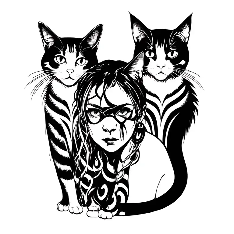 Punk Rock Girl With Gang Of Cats