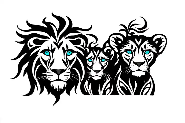 Lion Protecting Cub Blue Eyes