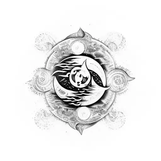 A Tribal Tattoo Of A Wolf Howling At A Sea Wave With The Sun And Moon Yinyang As Background