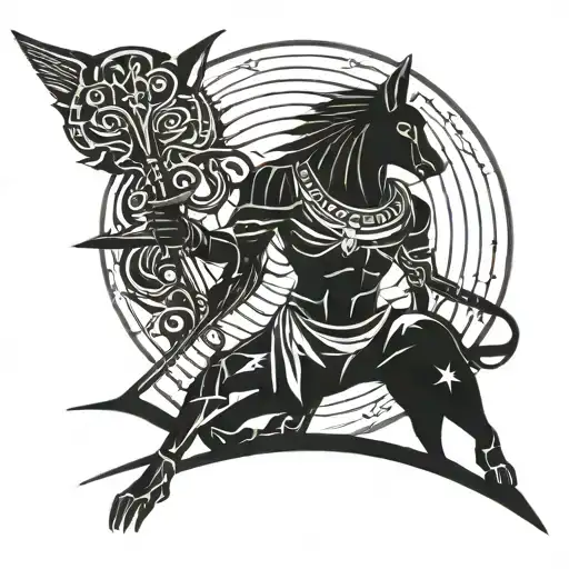 Anubis Holding A Katana Against The Backdrop Of The Moon And Stars