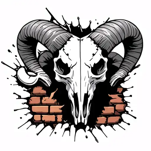Ram Skull Busting Through Brick Wall Being Torn