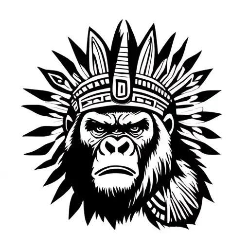 Angry Gorilla Wearing Pharoh Headress Surrounded By Tribal Patters
