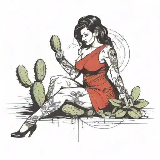 Curvy Darkhaired Lady With Cactus