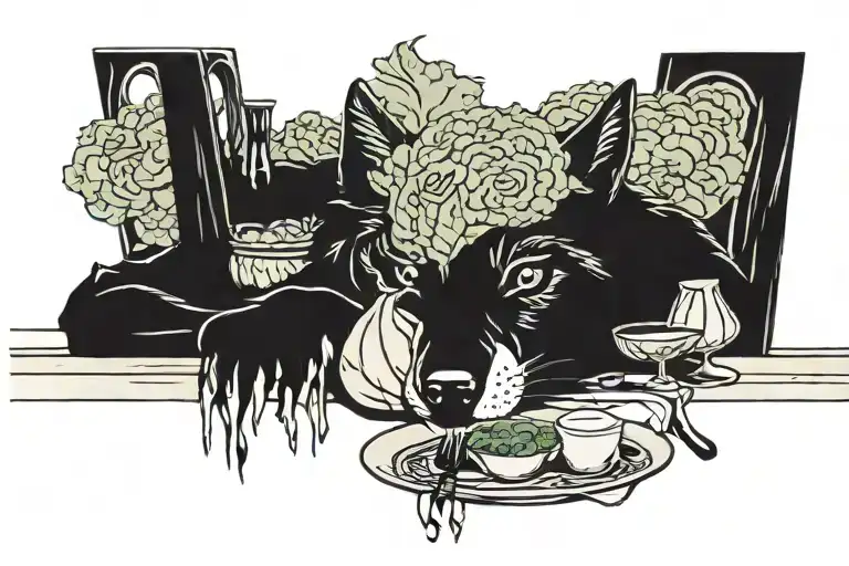 A Sad Wolf On A Dining Table With A Whole Cabbage On His Dish
