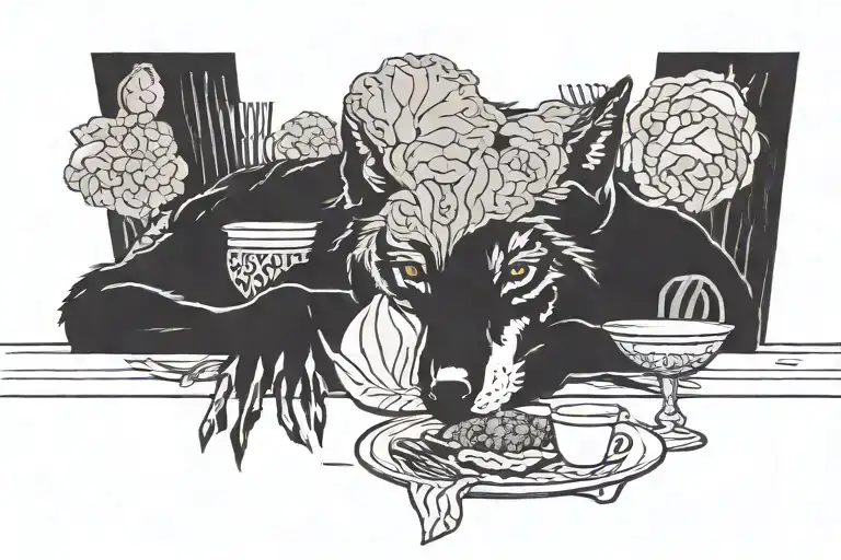 A Sad Wolf On A Dining Table With A Whole Cabbage On His Dish