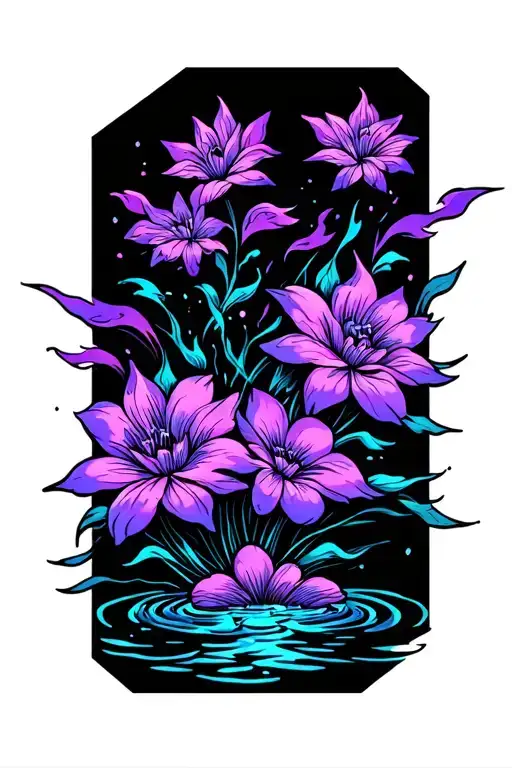 Neon Japan Style Flowers Purple Fire Clouds And Water