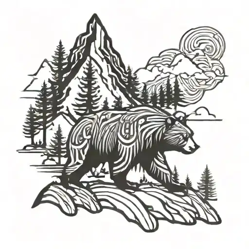 Bear And Mountains And Pine Trees