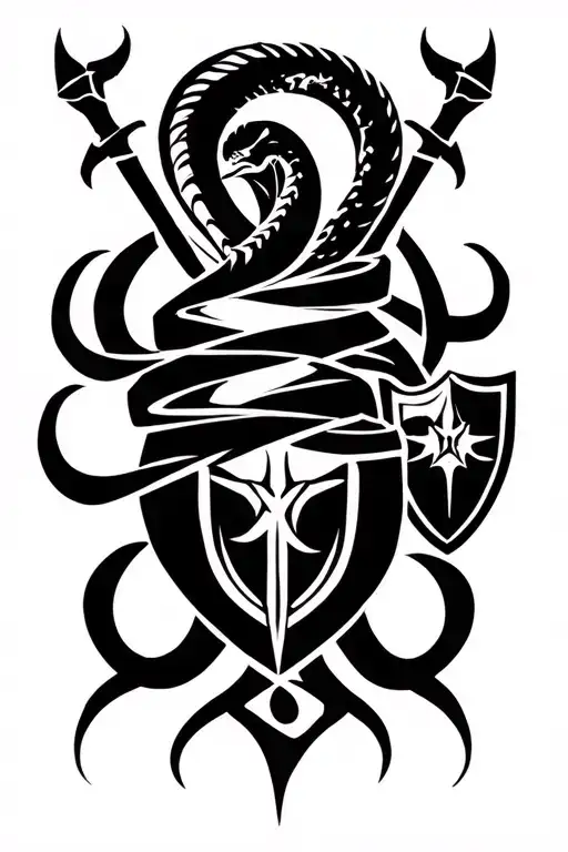 Black Mamba Wrapped Loosely With 2 Axes And A Shield With 4 Thorns