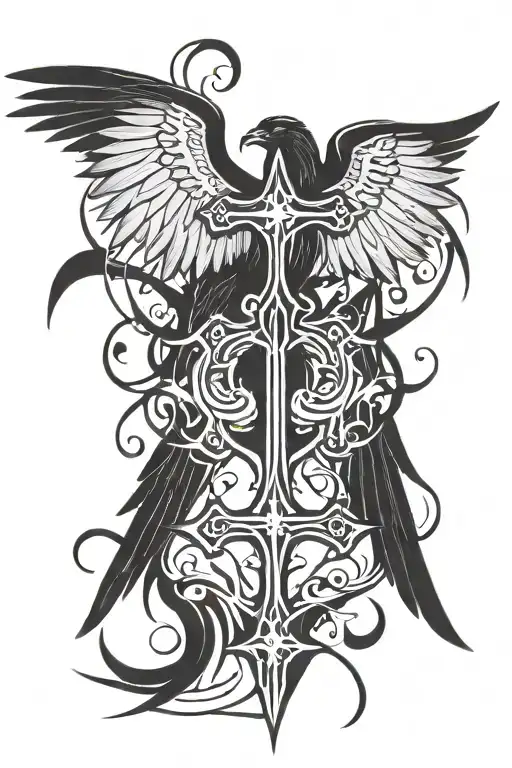 Cross And Angel Wings With Raven Perched