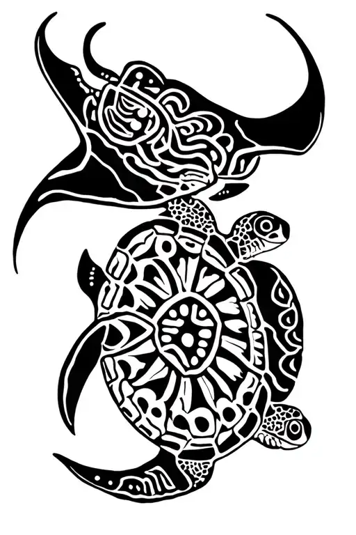 Mayan Themed Manta Ray And Turtle Swimming Together