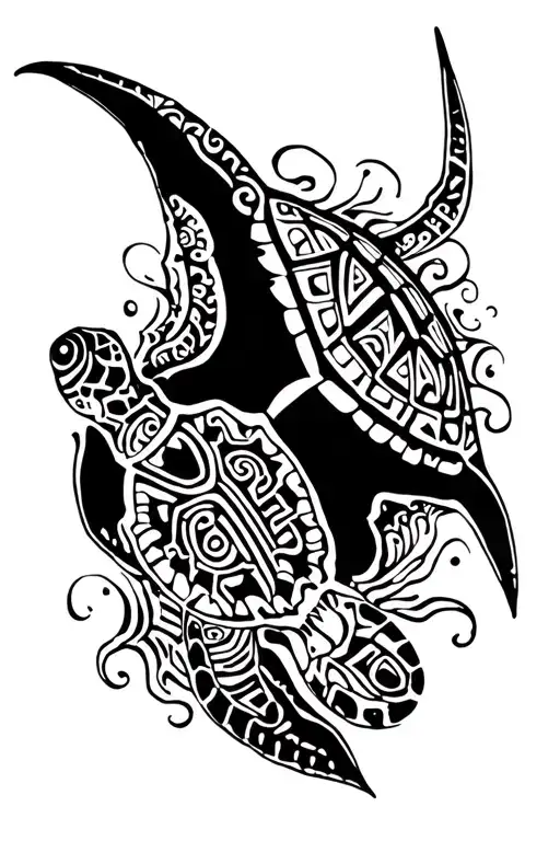 Mayan Themed Manta Ray And Turtle Swimming Separately