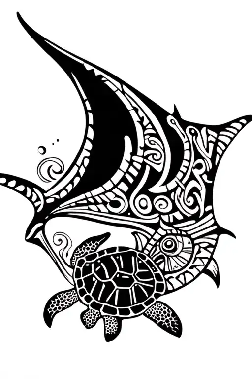 Mayan Themed Manta Ray And Turtle Swimming Separately