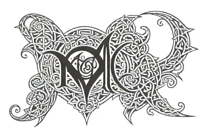 Two Letters M M Intertwined With Celtic Symbols And Crystals