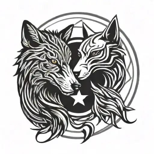 Two Wolves Yin Yang With Star And Saturn