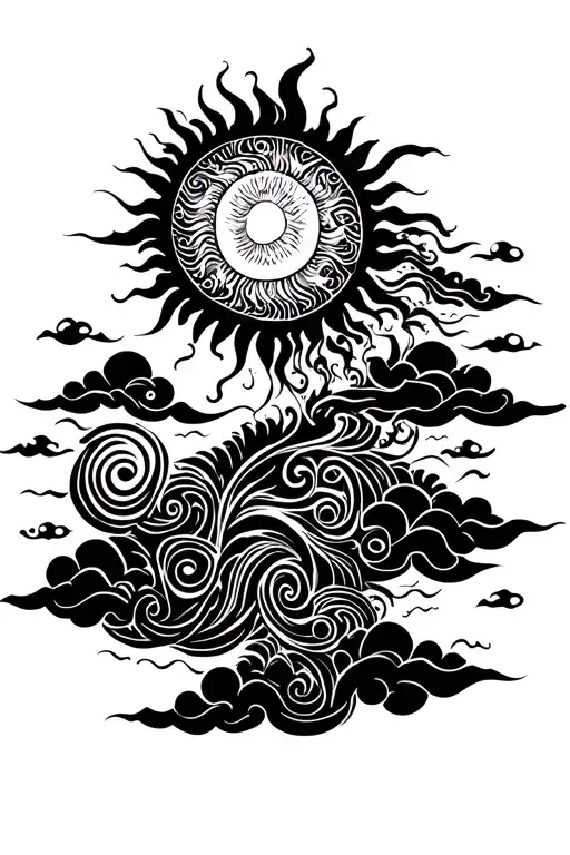 Whimsical Sun With Chinese Clouds Floating