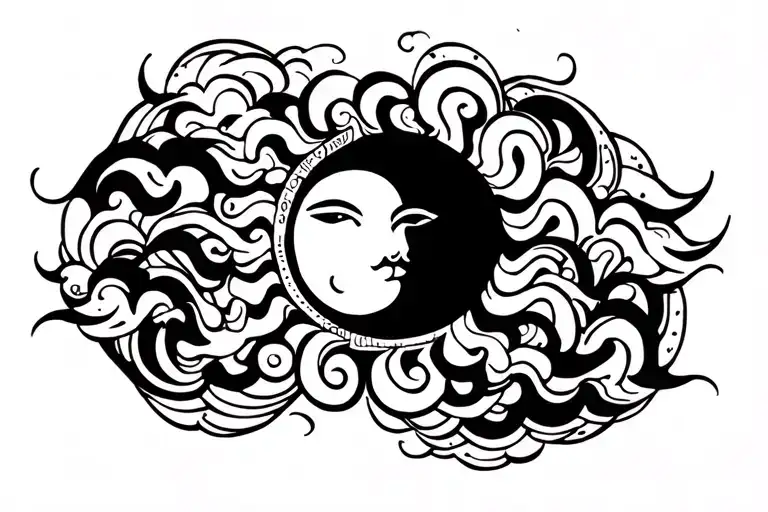 Whimsical Sun With Swirl Chinese Clouds Floating Gracefully