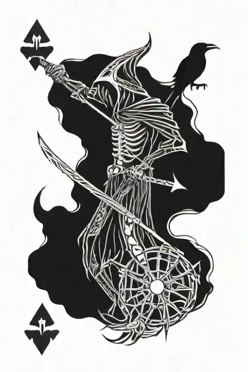 Death Playing With Tarrot Cards With A Raven On His Scythe