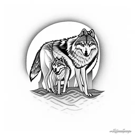 Wolf Family Staring At Moon