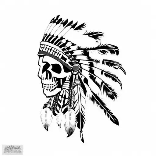Native American Headdress On A Skull With Lots Of Feathers