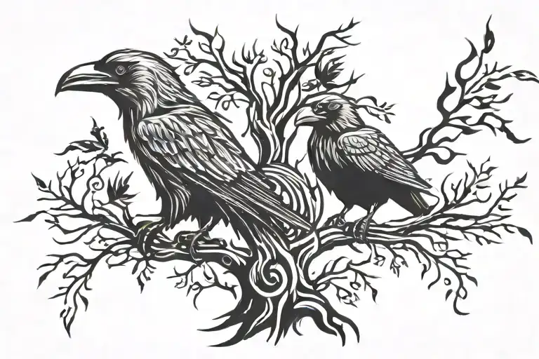 God Odin Ravens With Tree