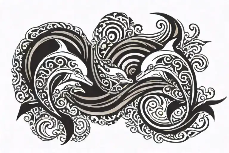 2 Dolphins With Waves And A Sun Rising