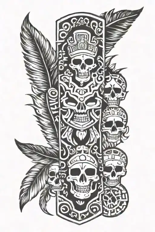 Aztec Shin Guard Armor With Skulls And Feathers And Aztec Tribal Pattern