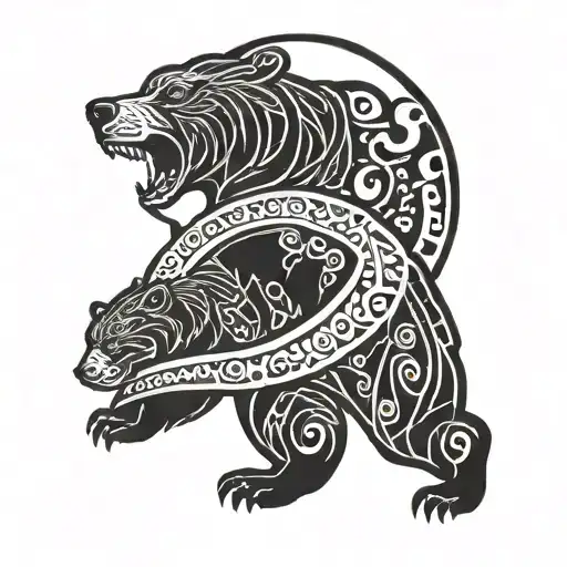 Bear Protecting Cub In Front Of Crescent Moon Tattoo