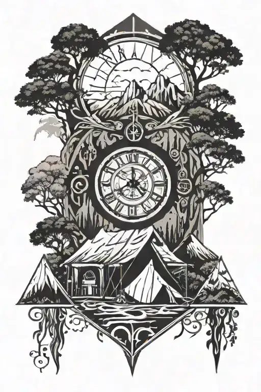 Tent With Mountains Filled With Trees With A Clock