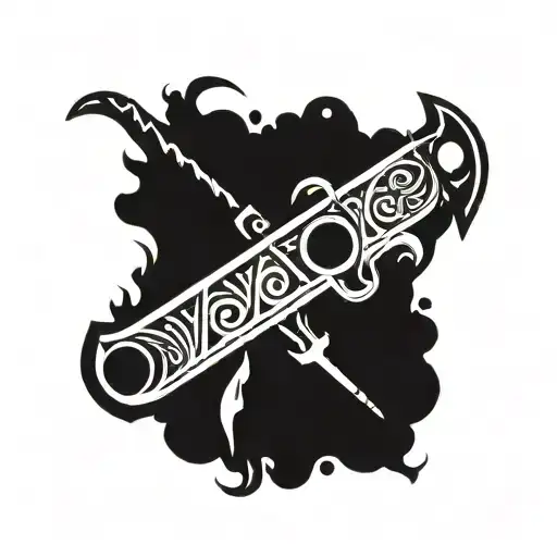 Macuahuitl Weapon With Skull Tattoo Design