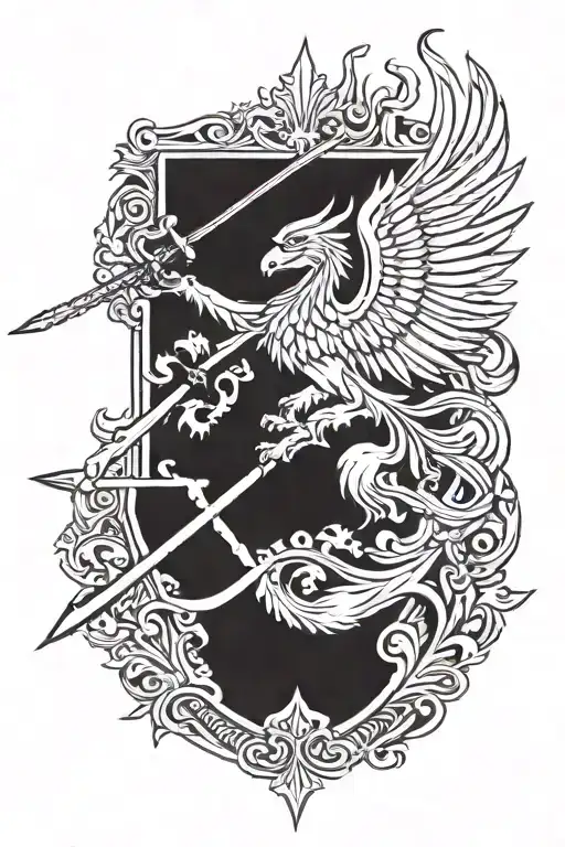 Lithuania Army Emblem With Sword Behind It With Flames