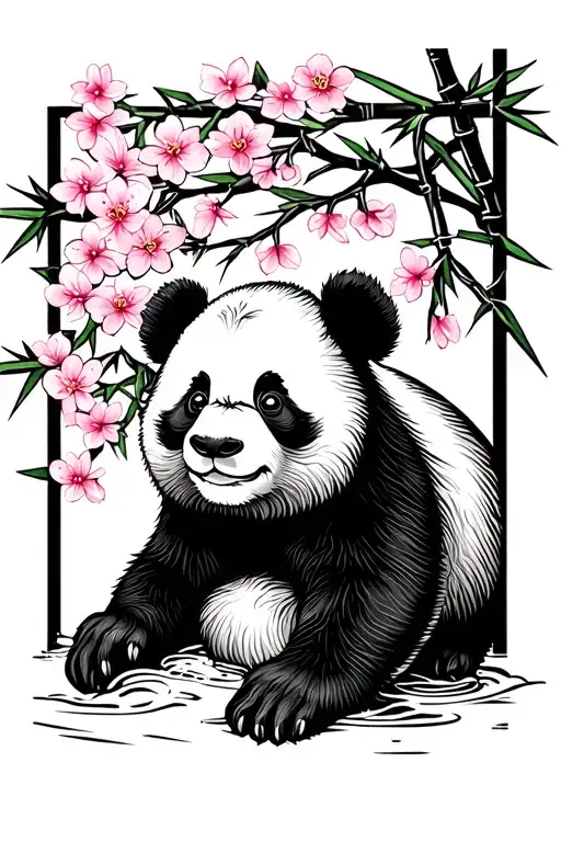Baby Panda With Bamboo Under Cherry Blossom Tree