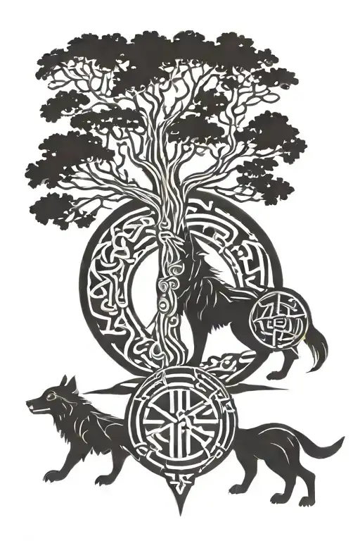 Tree Of Life Fenrir Whit Runes Triskele Valknut