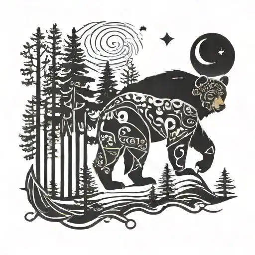 Moon Night In Pine Forest Under Bear Profil Scandinavian Style