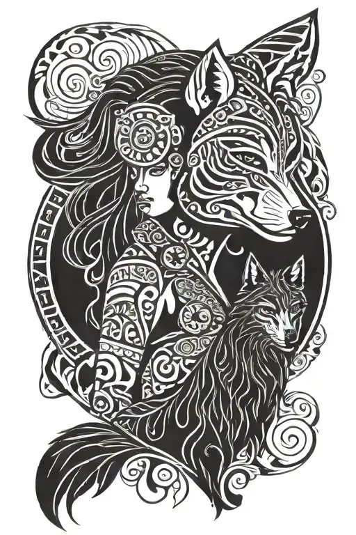 Maori Woman And A Wolf