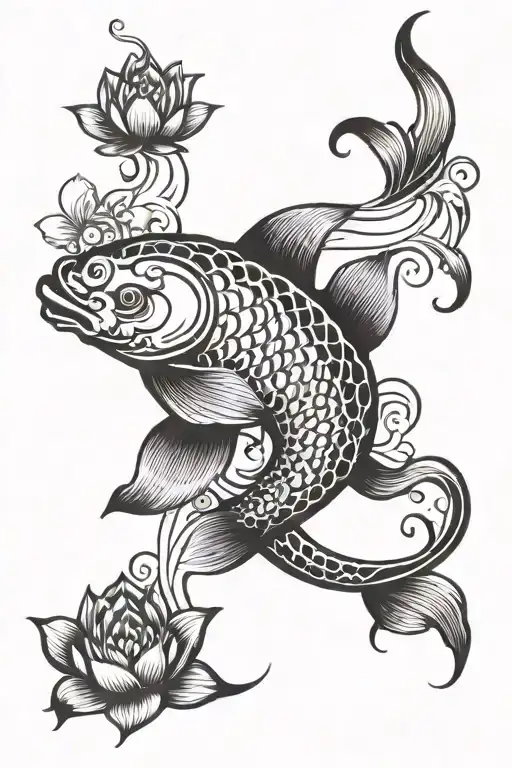 Koi Fish Swimming Upstream With Lotus Flower Growing