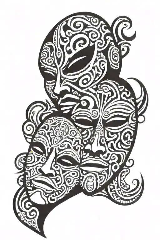Tragedy And Comedy Mask With Filipino Tribal Patterns Tattoo