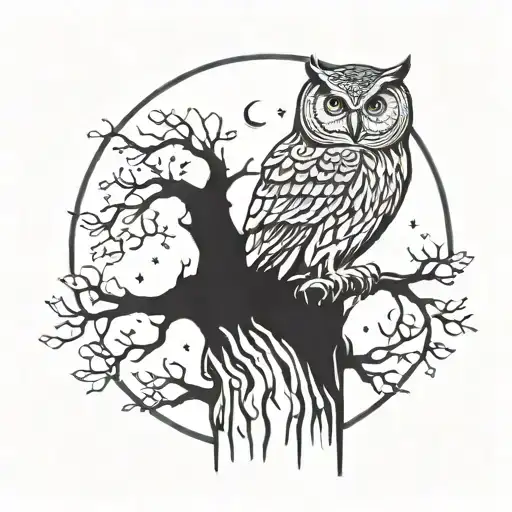 Owl Perched On A Stump Infront Of A Full Moon At Night