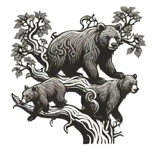 Bear Cubs Playing At A Big Tree