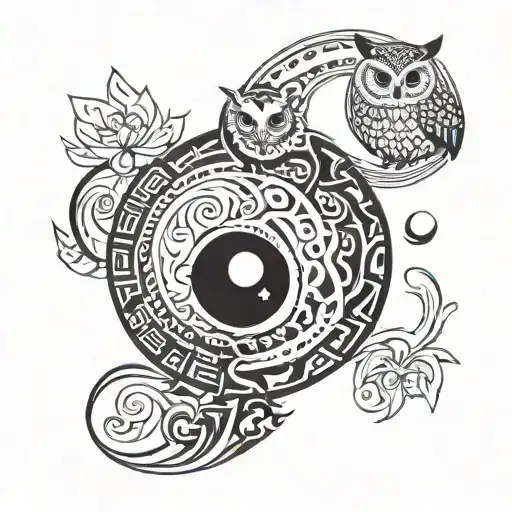 Yin Yang Symbol With An Owl And Panda In Either Side