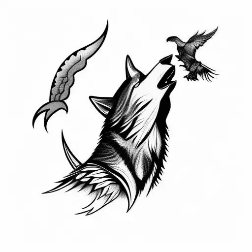 Tribal Black And White Wolf Howling With Raven And Dove