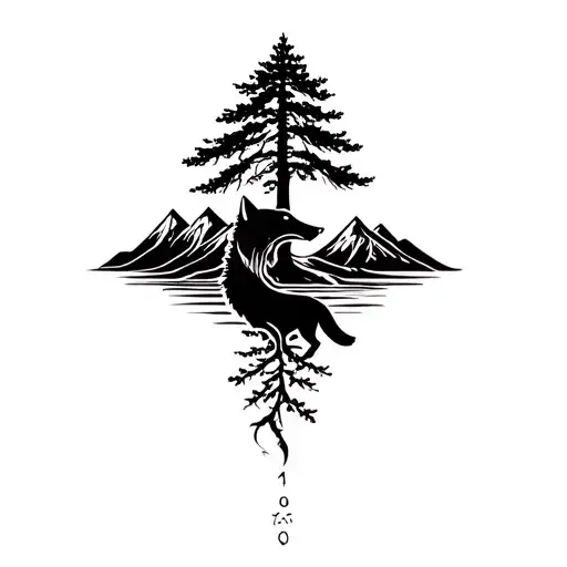 Tree With A Wolf And Mountains In The Foliage