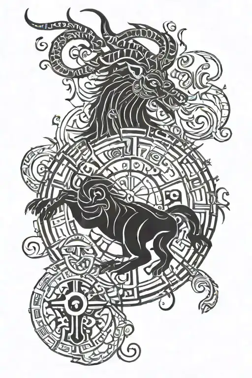 Black Capricorn Zodiac Sign Merging With The Wheel Of Fortune