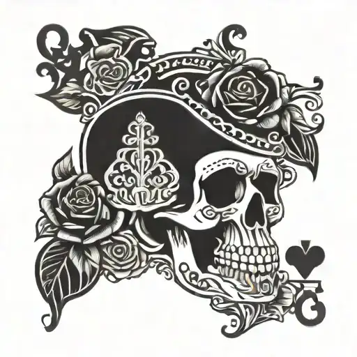 Playing Cards With The Queen As Skull With Roses