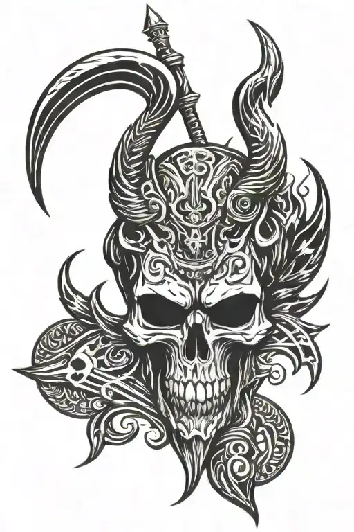 Skull Aries Head With Sword Demon Wings