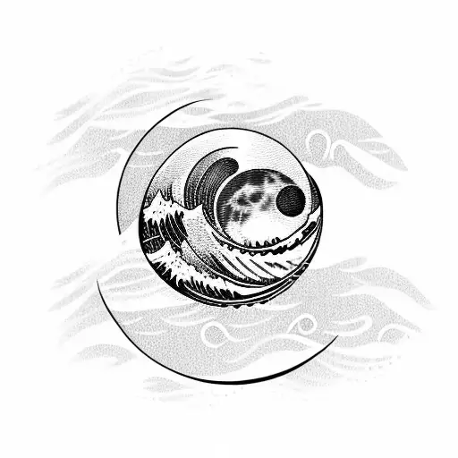 Ocean Wave With Moon And A Wolf