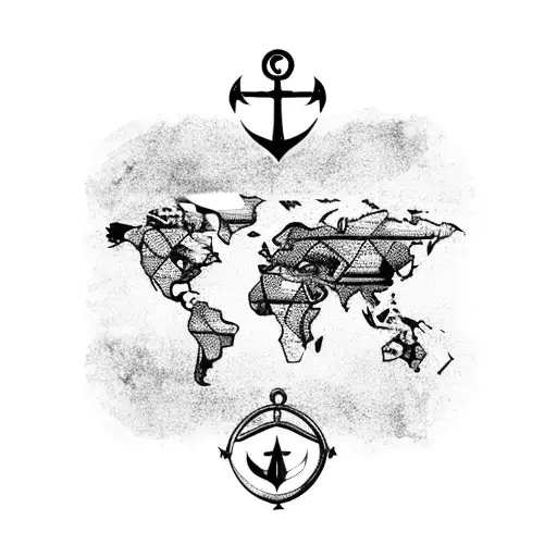 World Map With Plane And Anchor