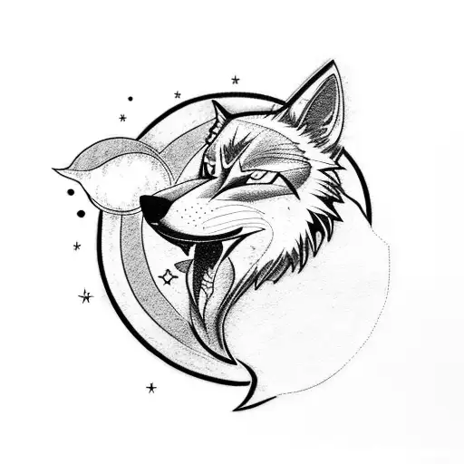 A Blackwork Tattoo Of An Anime-inspired Wolf Howling At A Moon Made Of Musical Notes