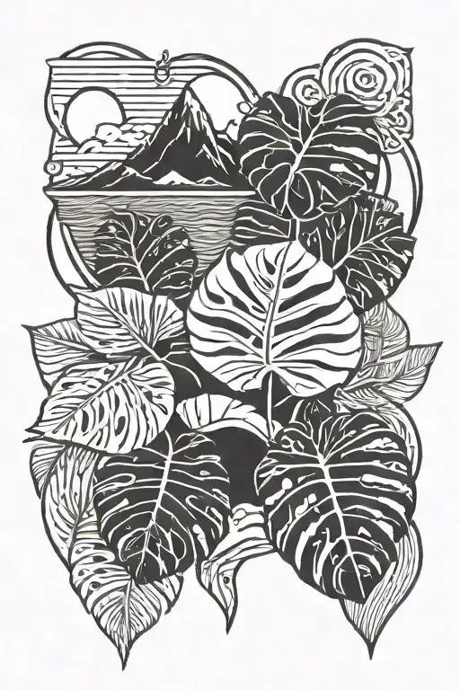 Monstera Leaves With Mountain Landscape