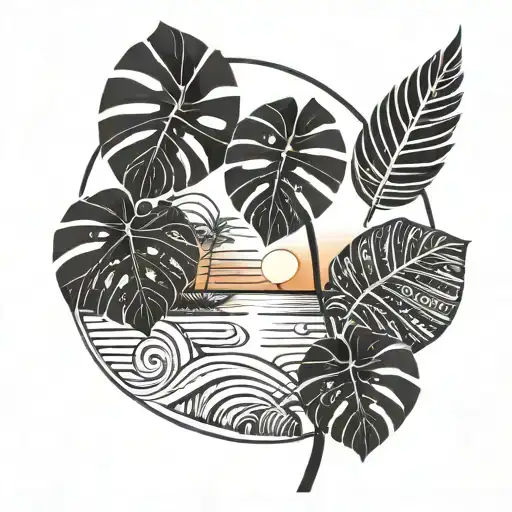 Monstera Leaves With Sunset Over Lake