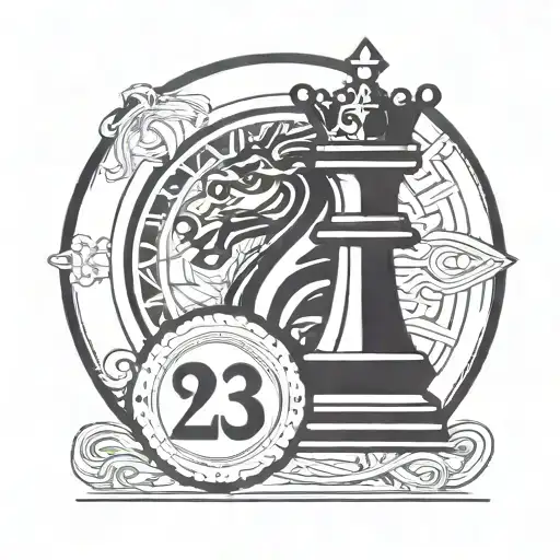 Circular Tattoo Of A King Chess Piece With The Number 23 Incorperated Into The Piece